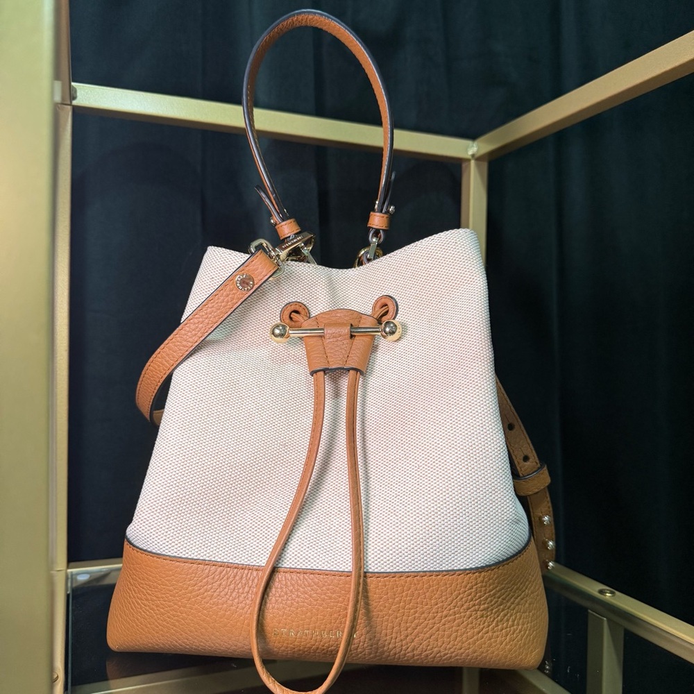 STRATHBERRY Lana Osette Bucket Bag (Cream Canvas / Tan Leather) in Midi size NWT